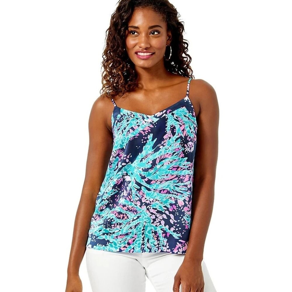 Lilly Pulitzer XS MARGAERY CAMI High Tide Navy Coral Club Pink Top